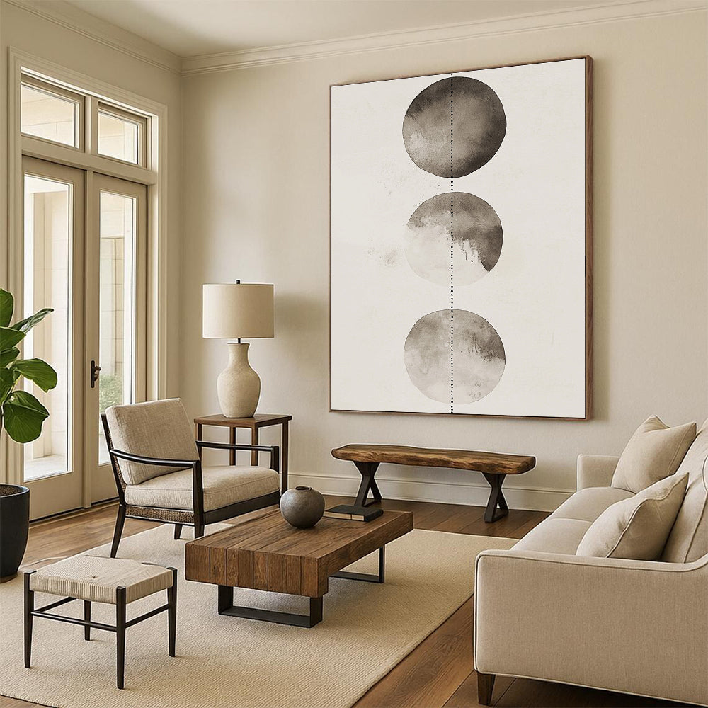 Large abstract watercolor and ink wash illustration featuring three shaded gray and white circles with dotted lines on a clean background.STSC1458