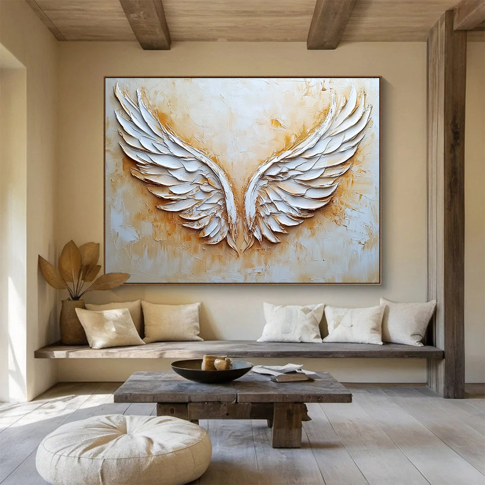 Large abstract angel wings oil painting in beige and white on textured canvas adds elegance and depth to any space.SC004