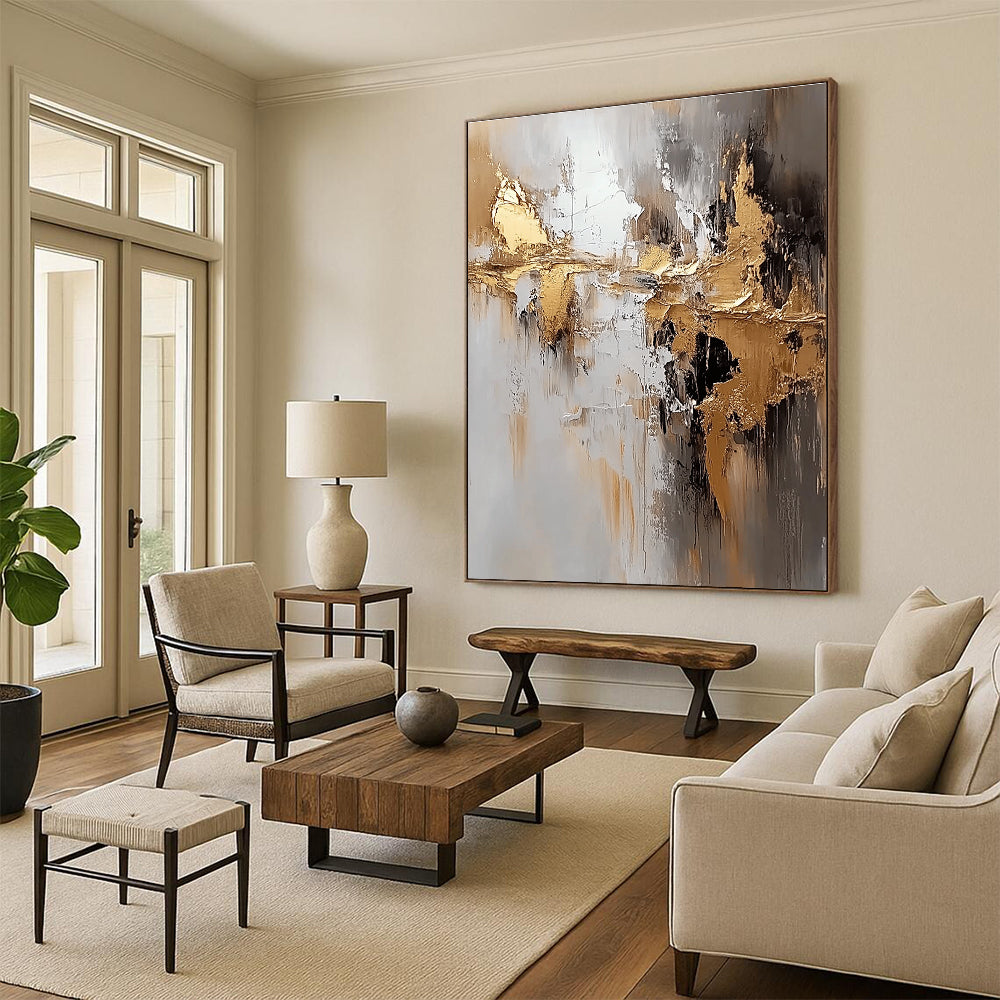 Gold Gray and Black Abstract Painting with Textured Gold GER665