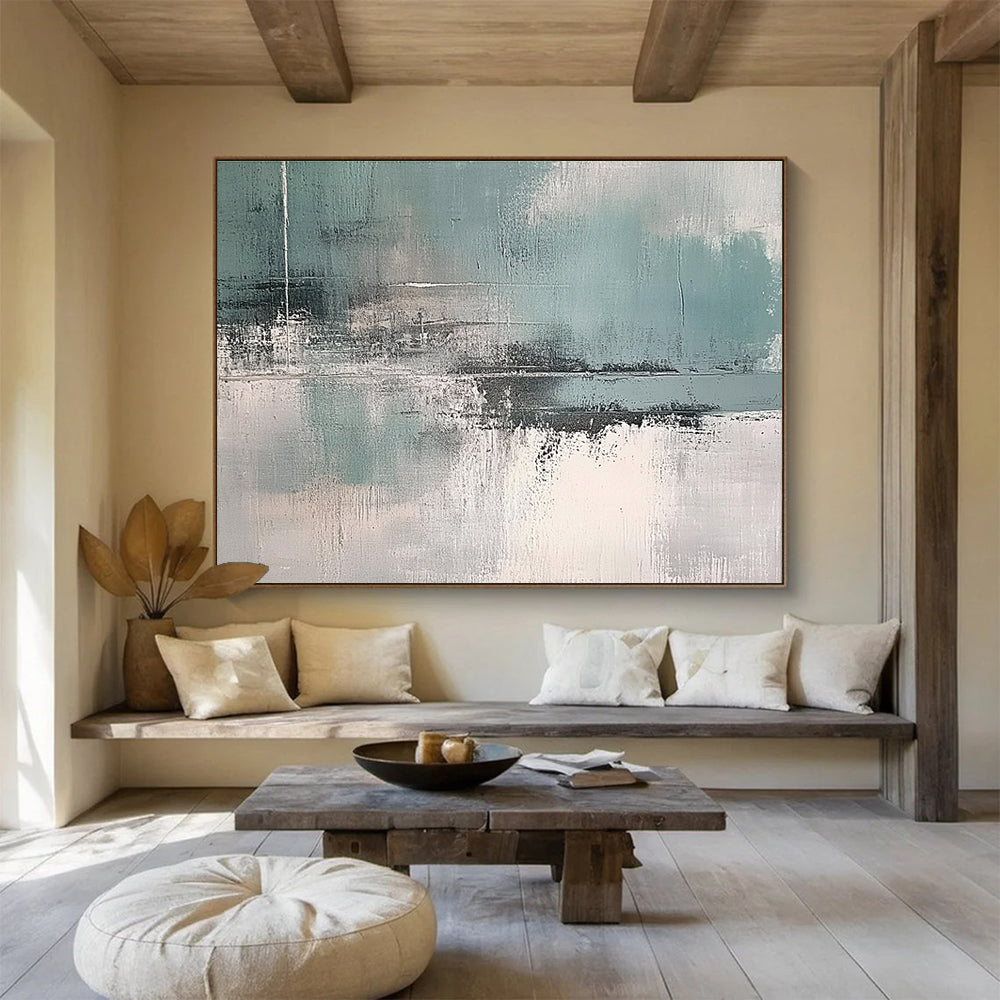 Large abstract art painting featuring muted teal grey and white colors for a sophisticated touch in any space.SC296