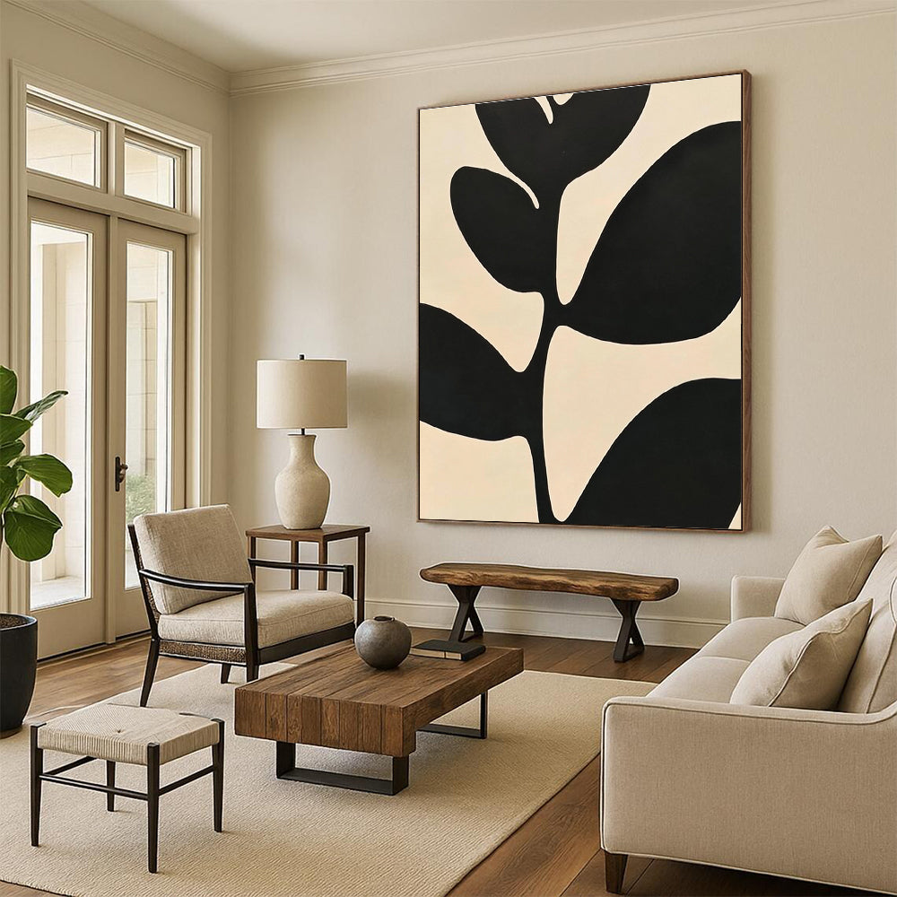 Large abstract painting featuring minimalist black and white leaves with high contrast against a simple background inspired by Matisse.STSC1080