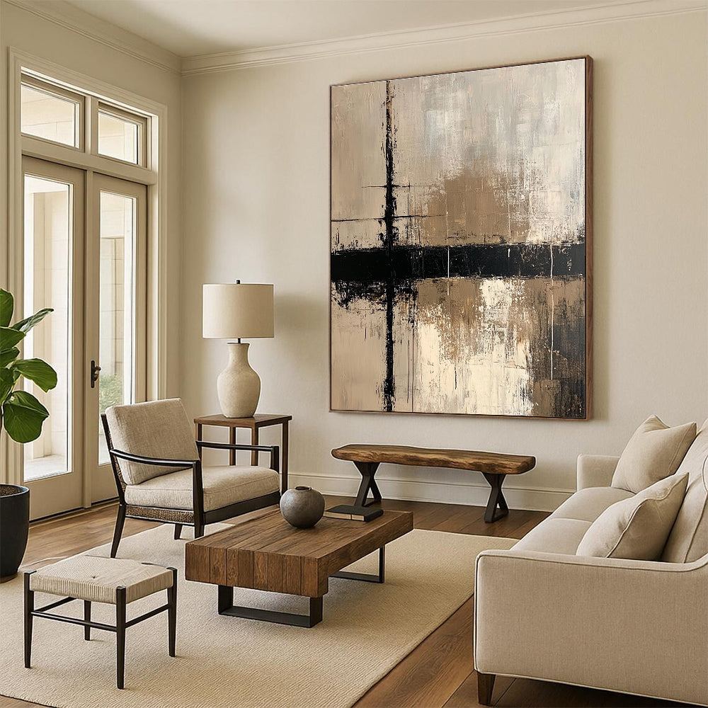 Large abstract painting with beige white and black lines on dark gray textured background featuring a prominent cross evoking tranquility and mystery.STSC437