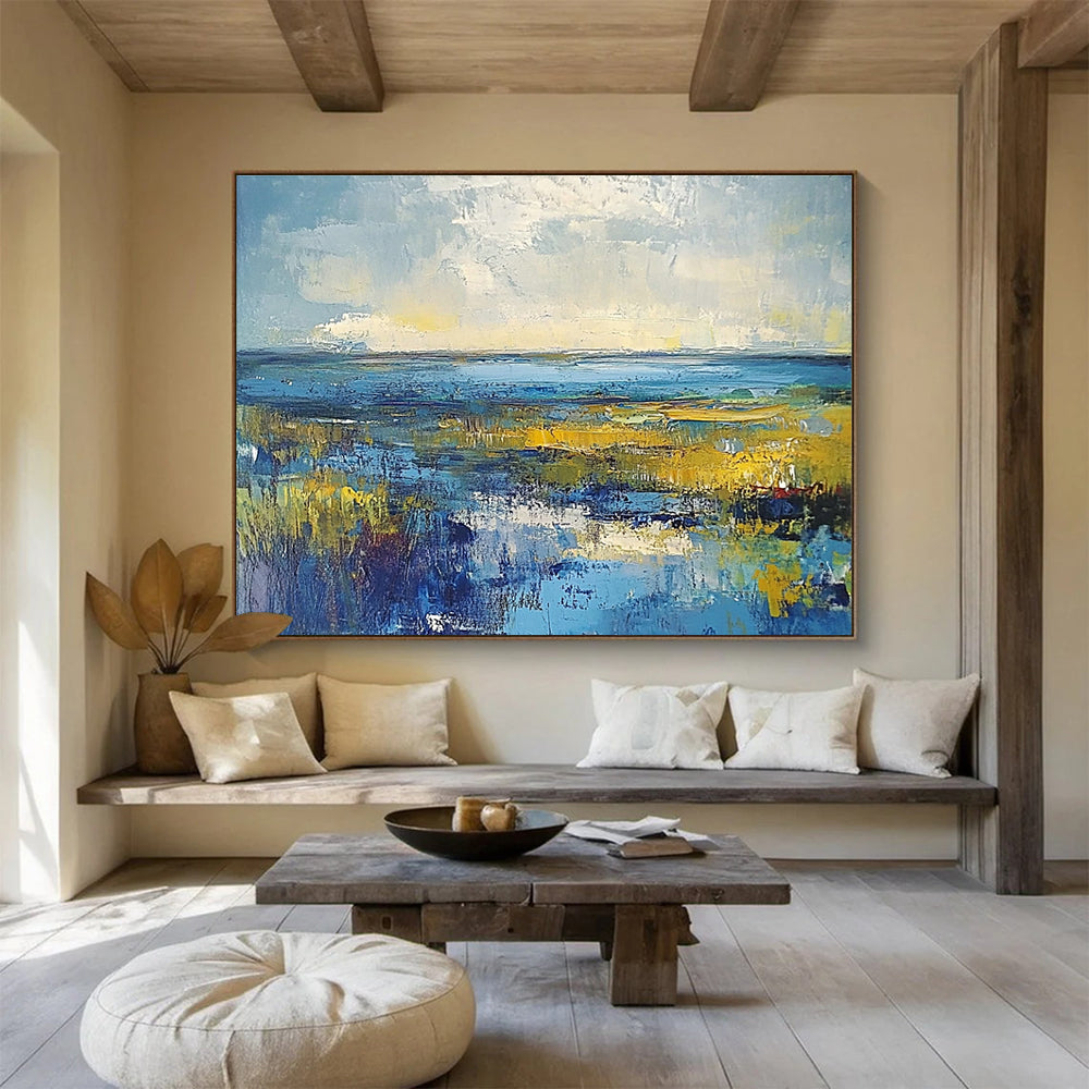 Vibrant Marshland Abstract Painting with Blues and Yellows DYP232