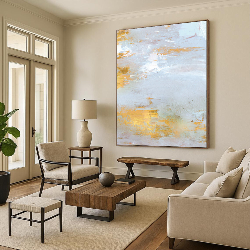 Gold and Light Gray Textured Abstract Painting ADGE160