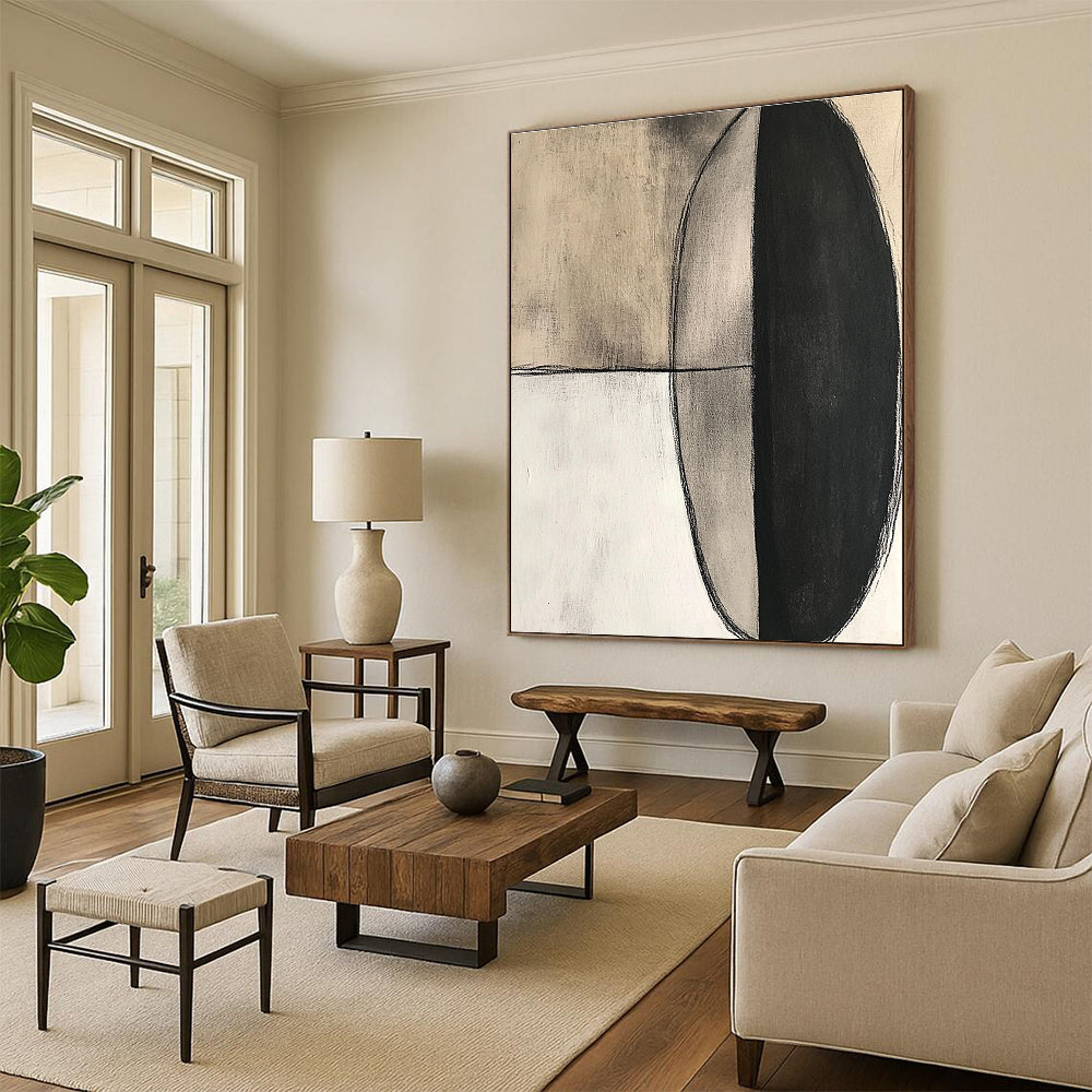 Large abstract painting featuring an oval shape in black ink and charcoal on textured cream canvas with a modern minimalistic style.STSC663