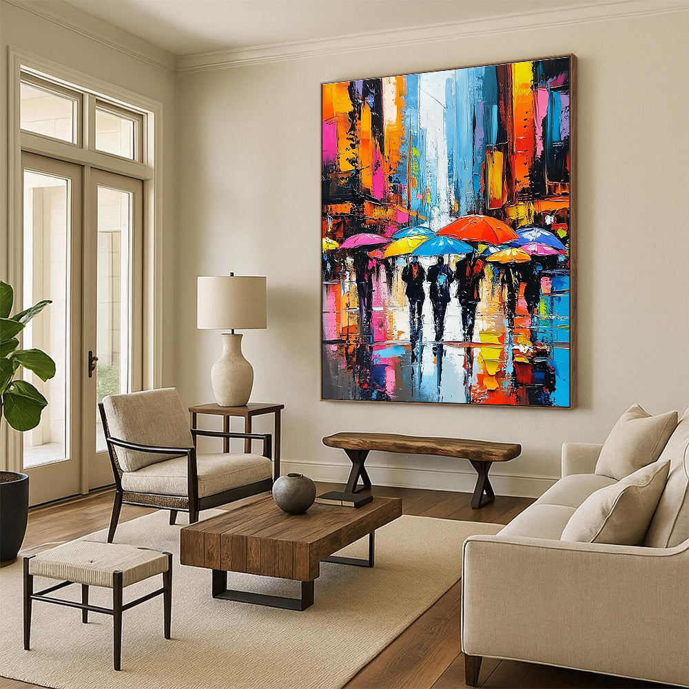 A large abstract painting showcasing vibrant city streets with people under colorful umbrellas and towering skyscrapers emphasizing expressive faces and dynamic brushstrokes.STSC850