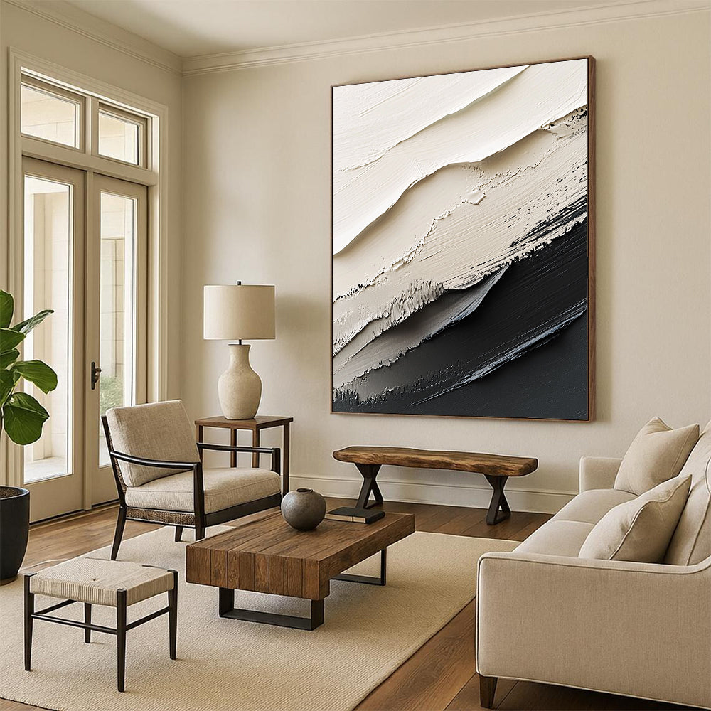 Large abstract painting in black and white featuring dynamic brush strokes and rich textures that create striking contrasts and depth.STSC1470