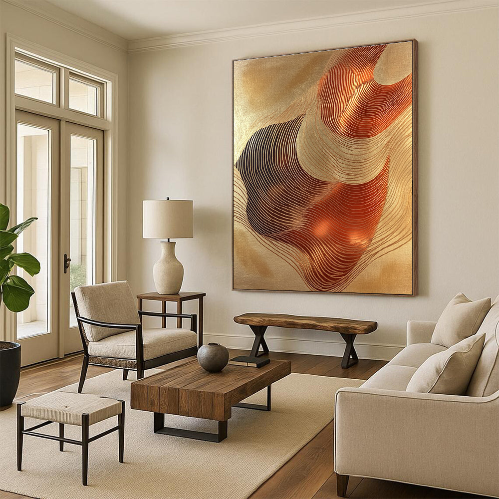 A large abstract artwork featuring elegant copper foil waves on golden paper exuding fluidity and harmony for any design space.STSC1440