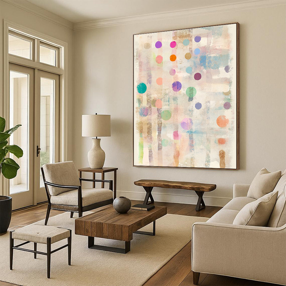 Large abstract painting on paper with pastel polka dots and stripes adorned with tiny hearts and stars at each dot's edge.STSC722