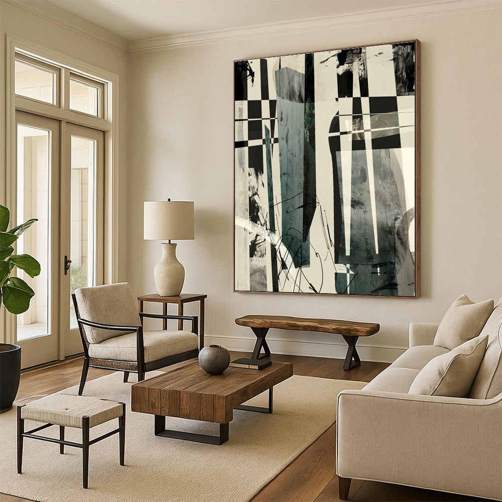 Checkered Abstract with Mixed Media and Dynamic Marks Painting ADGE218