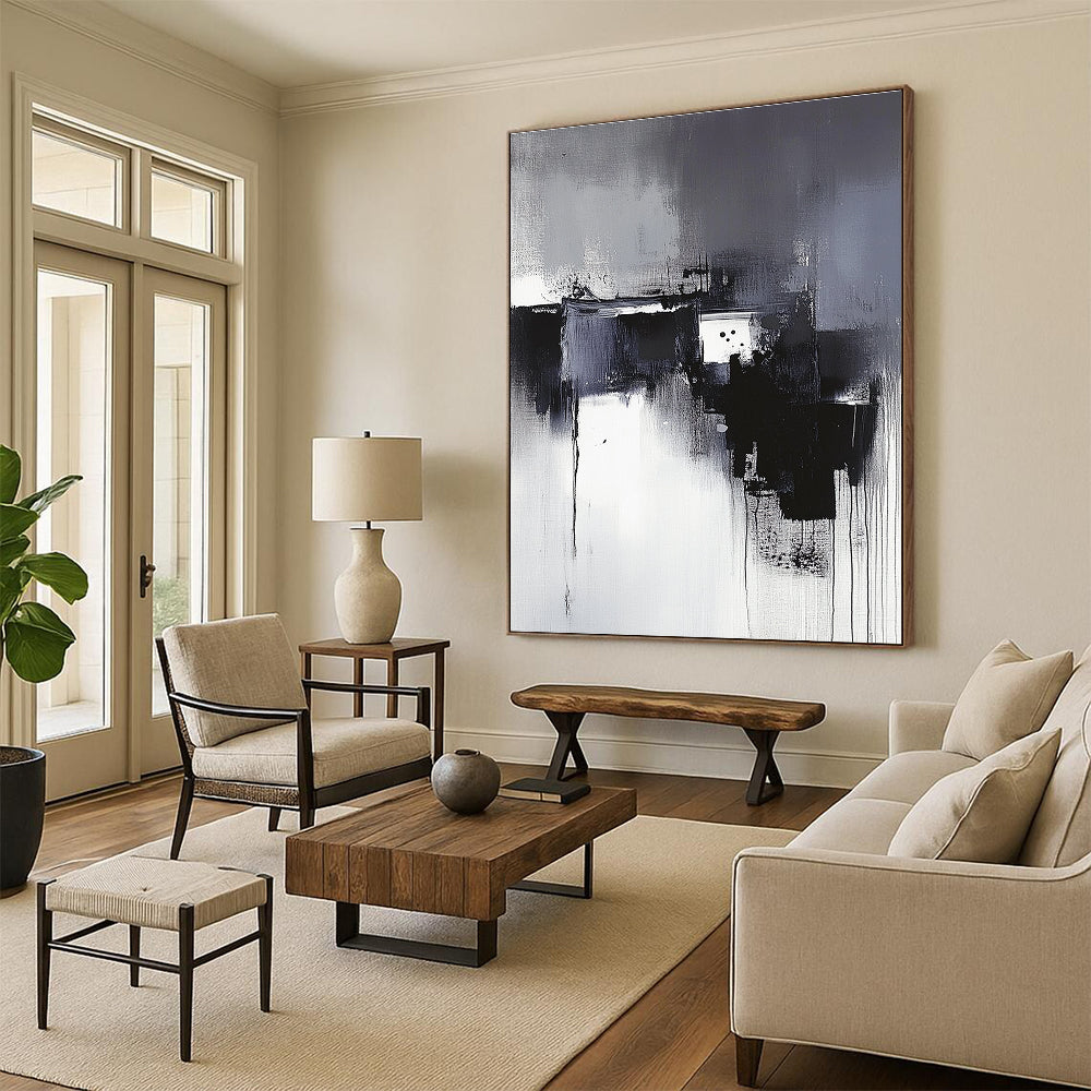 Large abstract painting in black and white with a neutral background inspired by Wu Guanzhong's artistic style.STSC617