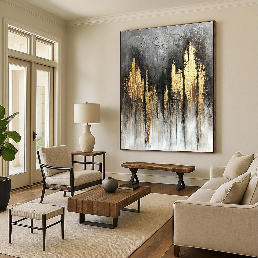 Large abstract painting featuring a gray and gold color scheme with textured canvas flowing lines and a tranquil atmospheric composition.STSC393