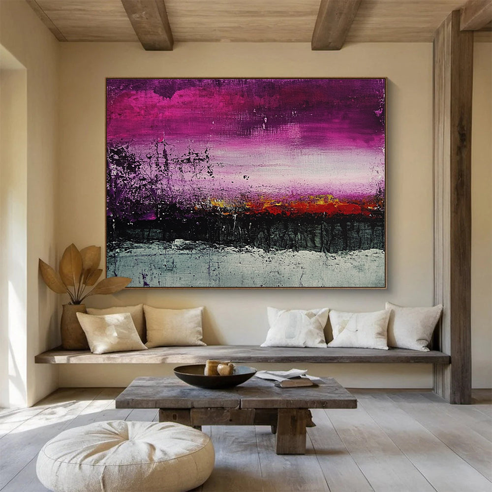 A large abstract painting of a landscape featuring purple and grey shades with textured dark green and red tones for a striking visual impact.SC341