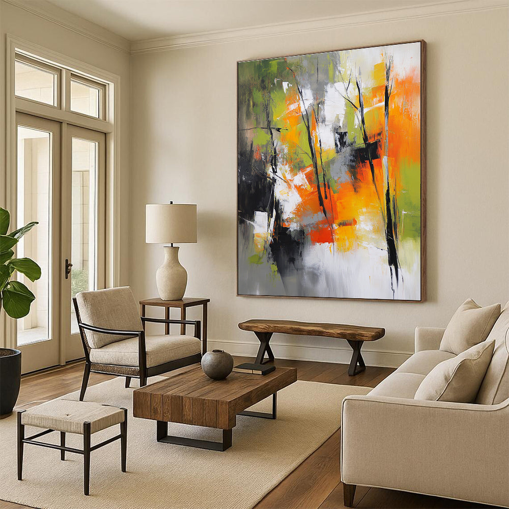 Abstract painting featuring a vibrant autumn forest with green yellow and red hues set against a backdrop of gray white and orange colors.STSC759