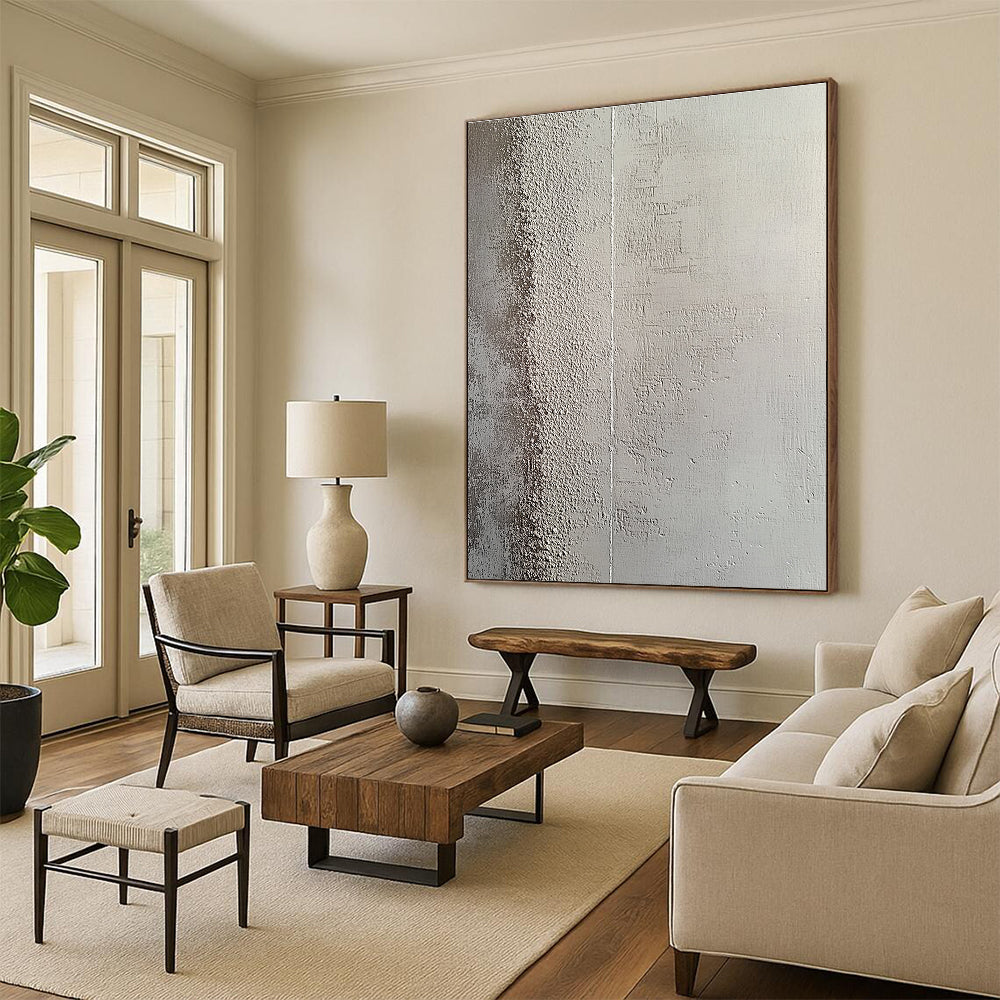 Large abstract painting featuring a textured concrete wall with a subtle gradient and intricate grooves creating depth and contrast.STSC1217