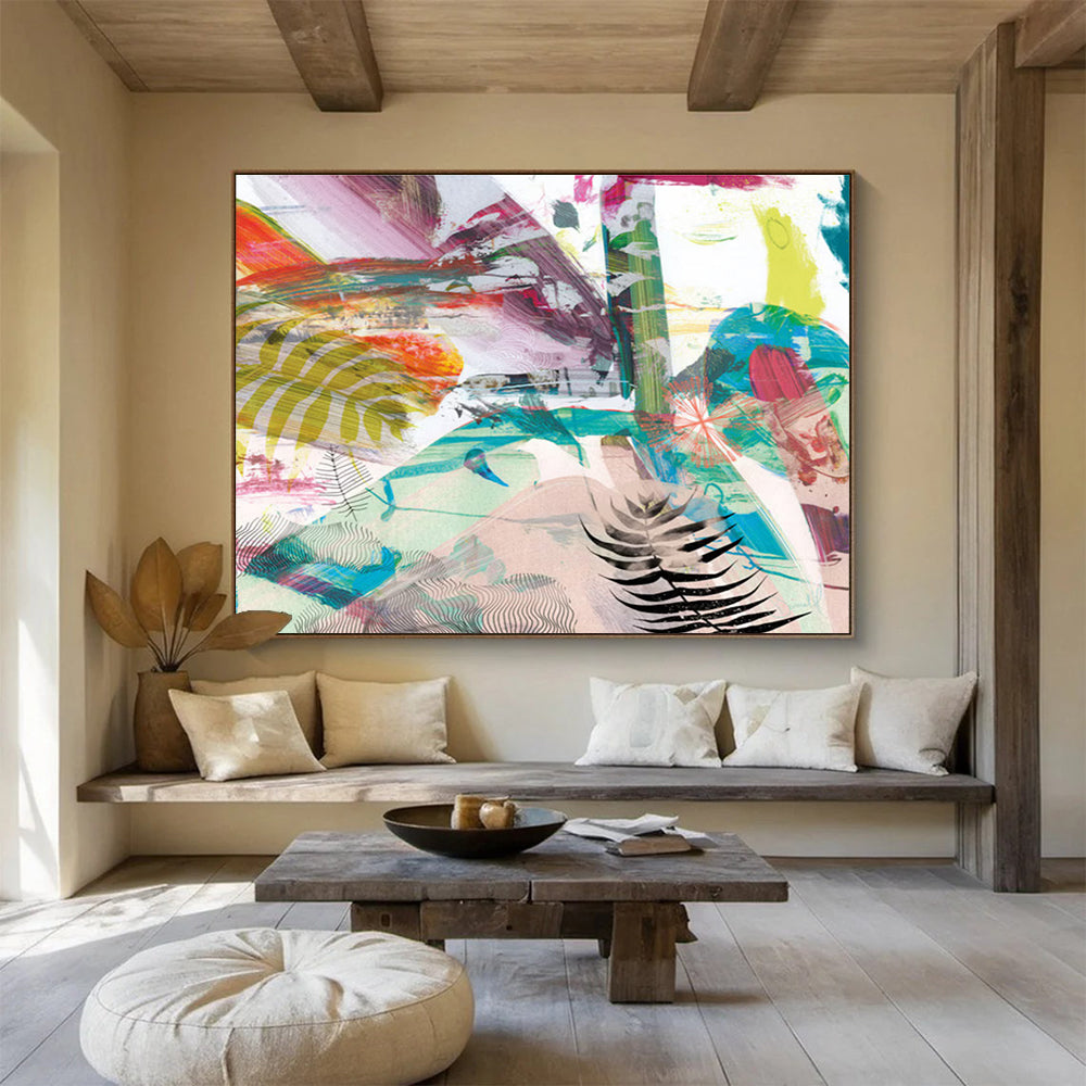 Vibrant Mixed - Media Abstract Painting with Colorful Patterns and Ferns THY118
