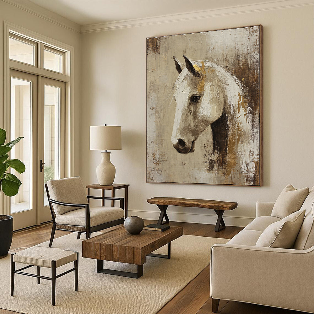 Abstract oil painting featuring an Arabian horse head in beige and white with gold accents set against a rustic neutral background.STSC143