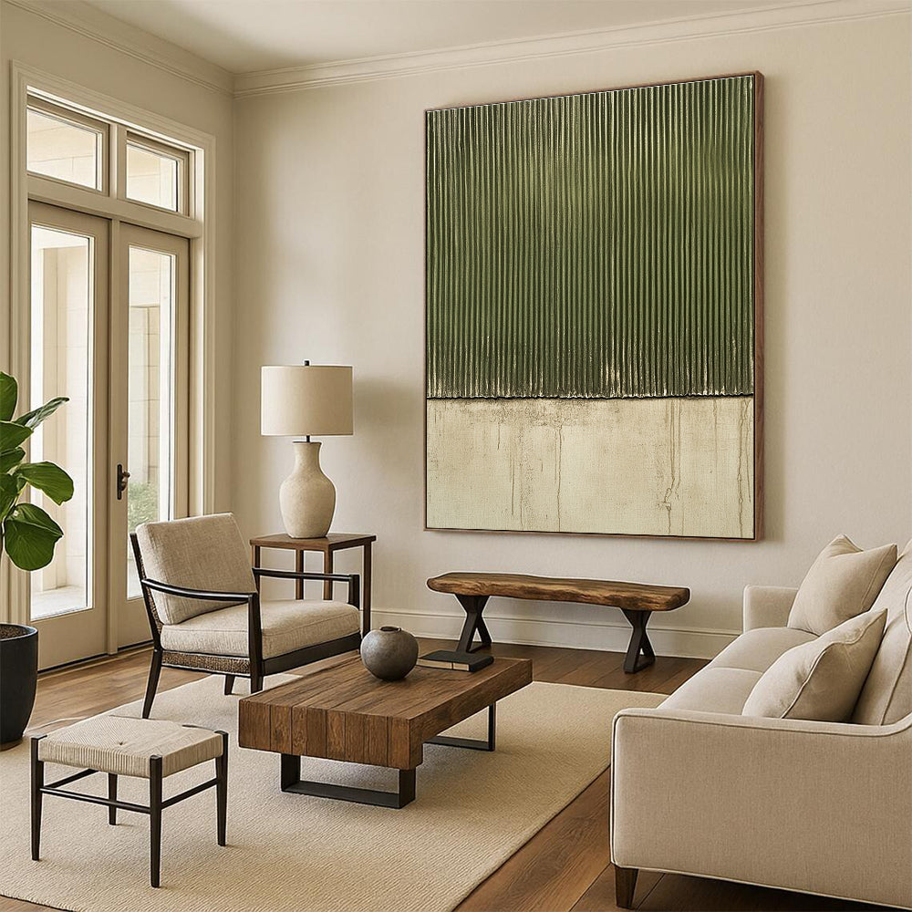 Large abstract painting featuring a textured green corrugated surface on a dark gray background with a grainy oil painting effect.STSC958