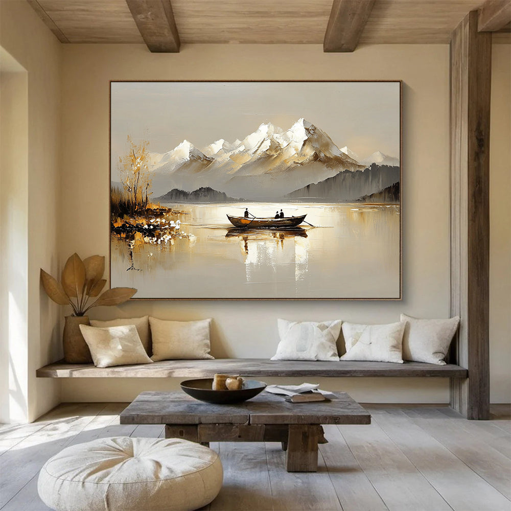 Lake and Snowy Peaks Serene Abstract Painting with Neutral and White Tones DYP605
