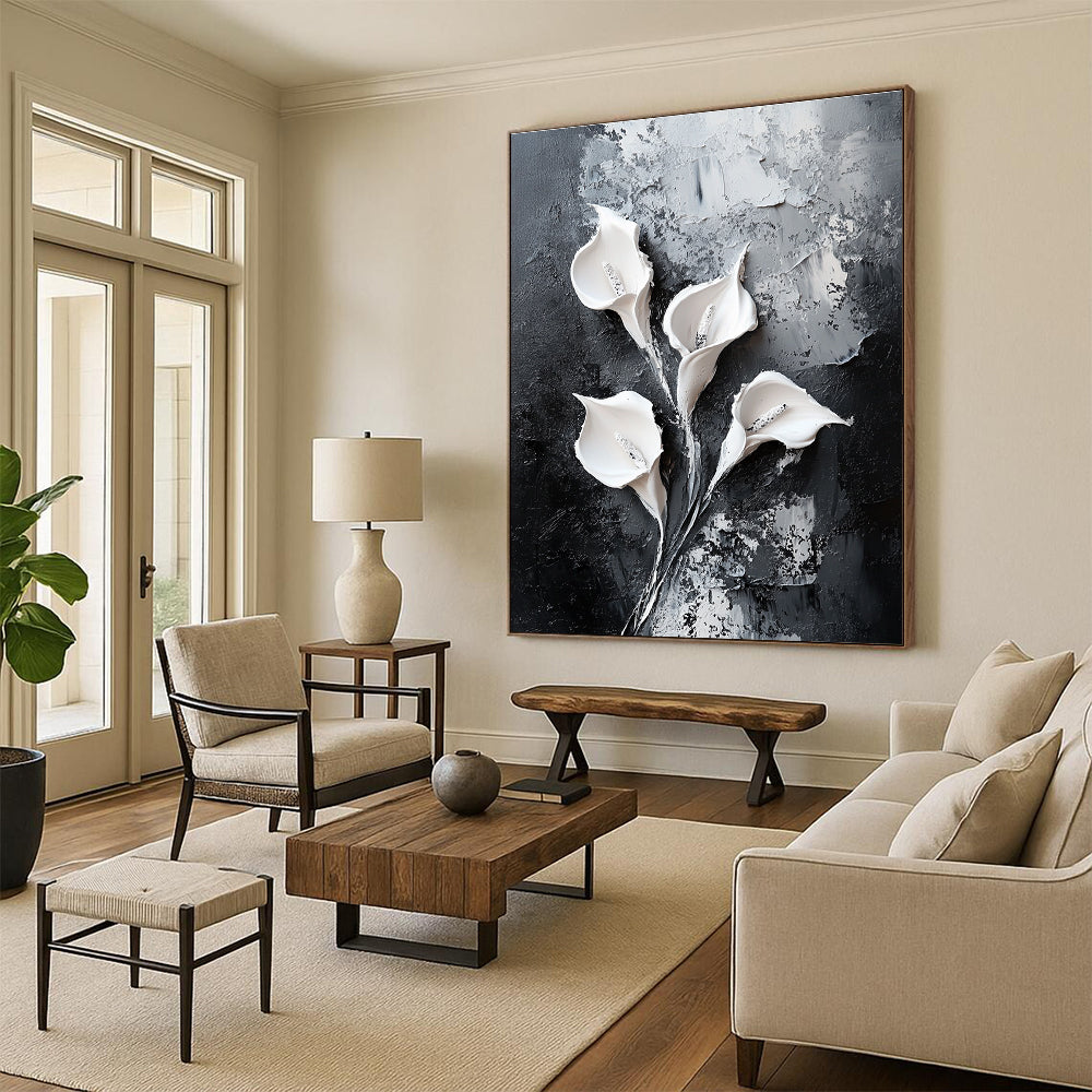 Abstract painting featuring white calla lilies on a black textured canvas with oil paint strokes in a modern minimalistic style.STSC509
