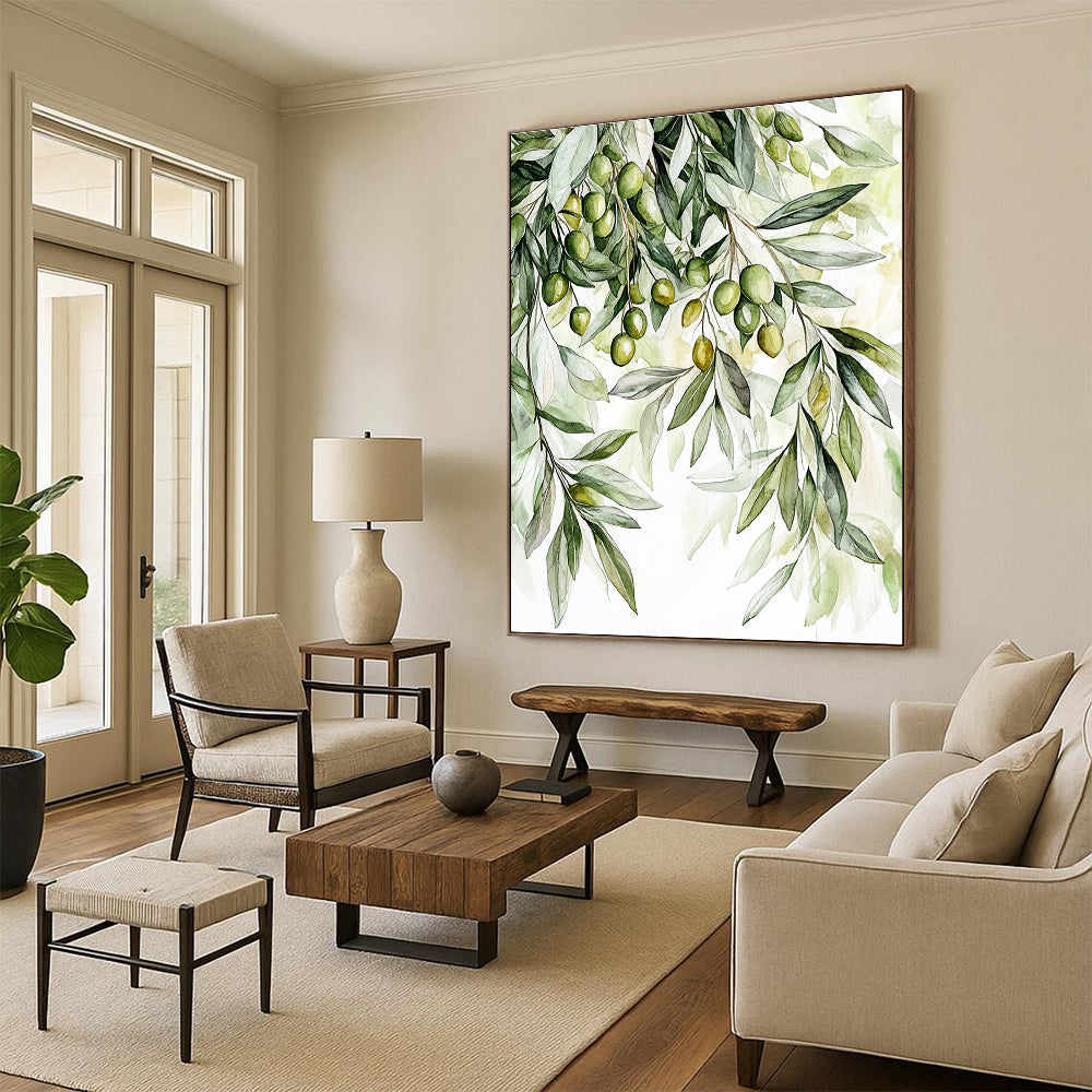 Large abstract painting featuring detailed olive tree foliage in soft greens and whites with olives creating a warm inviting atmosphere.STSC1460