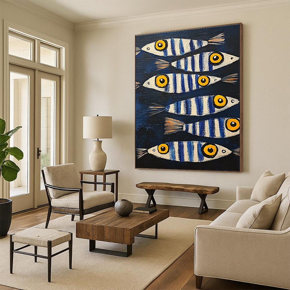A large abstract painting featuring sardines with blue and white stripes and yellow eyes, set against a dark background.STSC1171