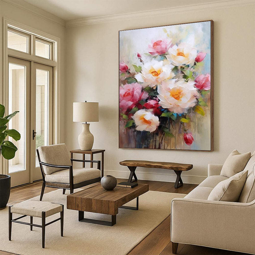 Soft Floral Abstract Painting with Gentle White and Pink Tones ADGE429
