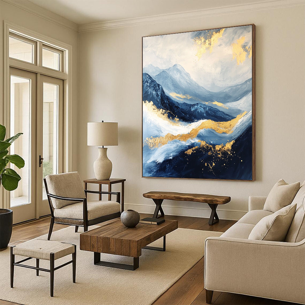 Abstract Blue and Gold Mountain Landscape Painting featuring a white sky, golden waves, dark blue clouds, and black rocks beautifully detailed.STSC030