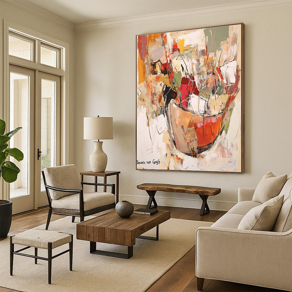 Large abstract painting featuring an earthenware jar overflowing with vibrant fabric and paper, set against a soft neutral background with floating elements.STSC639