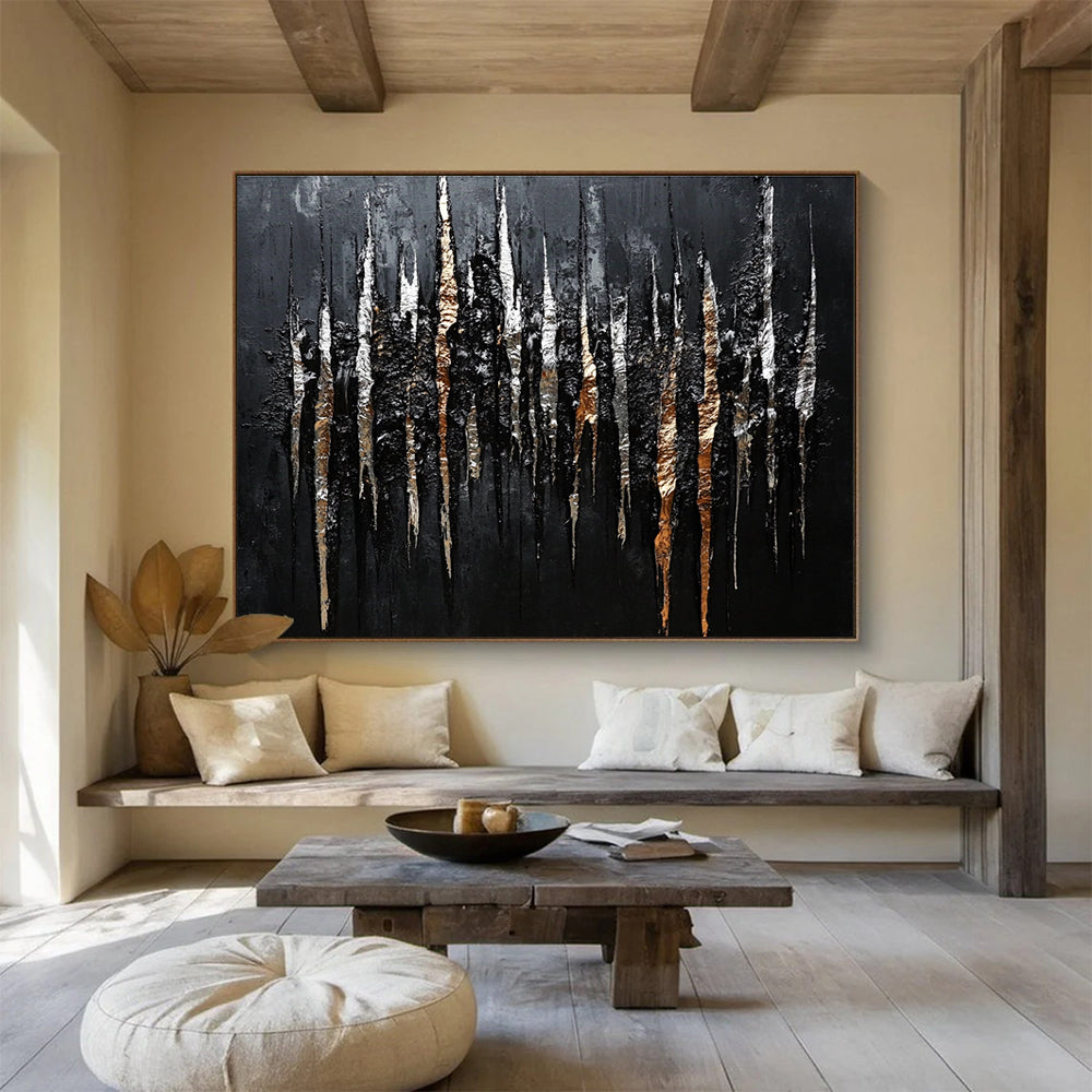 Large abstract painting featuring shiny metallic streaks of silver and bronze on a black background creating intricate organic patterns.SC019