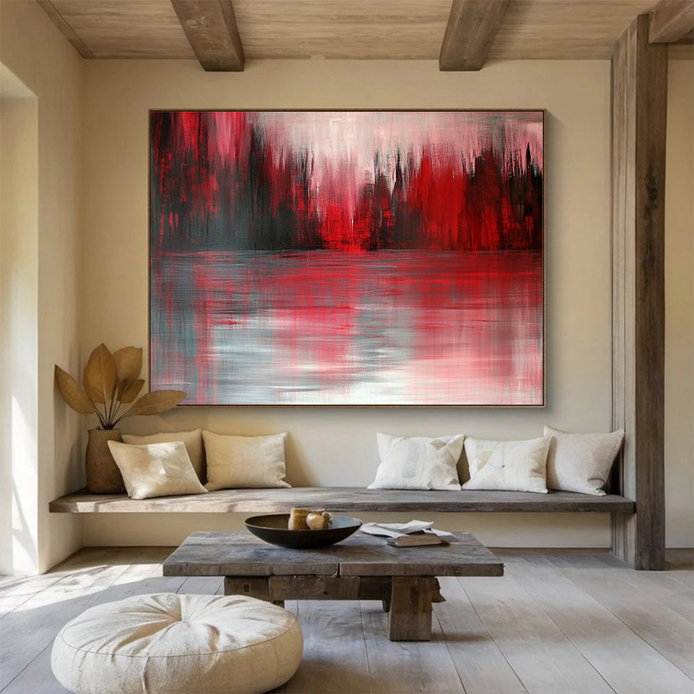 Red and Gray Forest Reflection Abstract Painting with Dramatic Hues DYP331