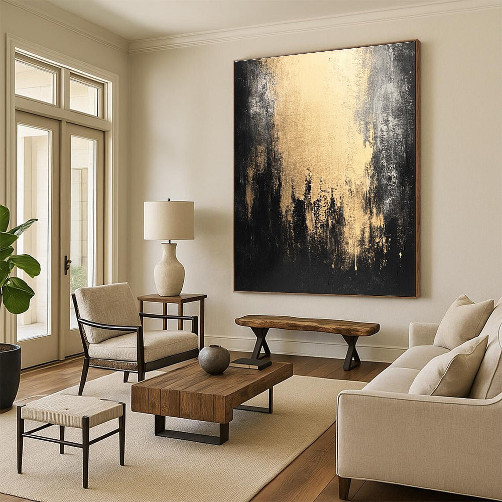 Large abstract painting in dark gray and light gold showcasing urban decay with black shadows for a captivating contemporary atmosphere.STSC228