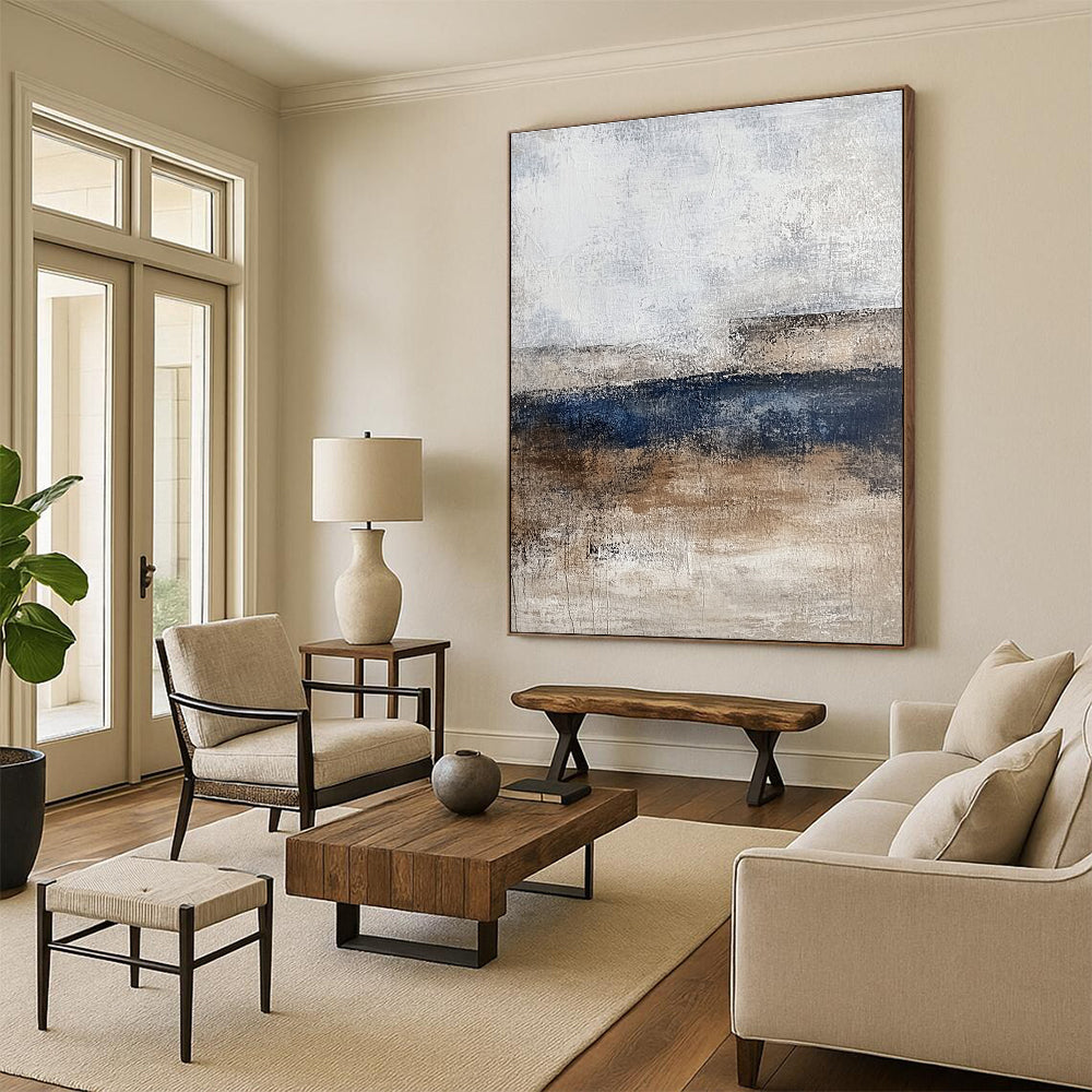 Neutral Tones Abstract Painting with Gray Beige and Blue GER340