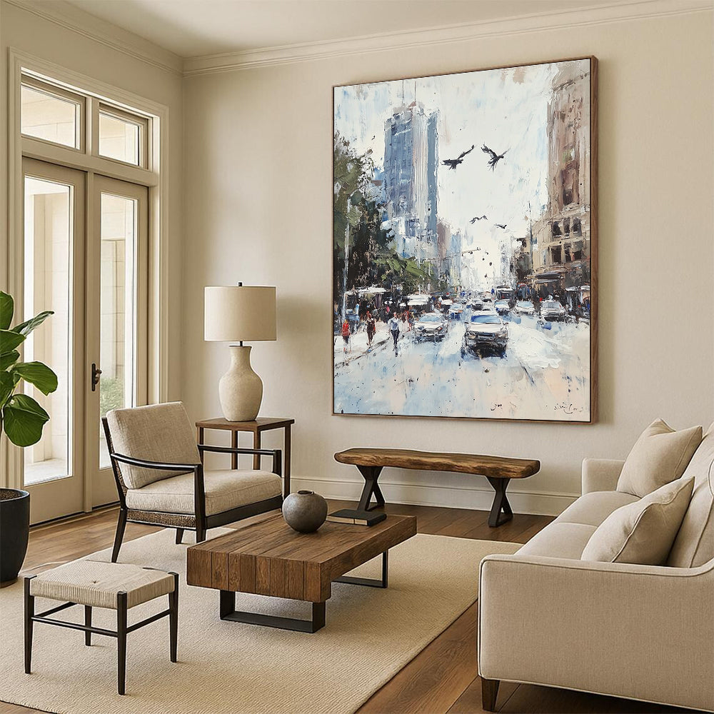 Large abstract painting featuring a vibrant Sydney street scene with soft pastel colors and impressionist brush strokes.STSC1135