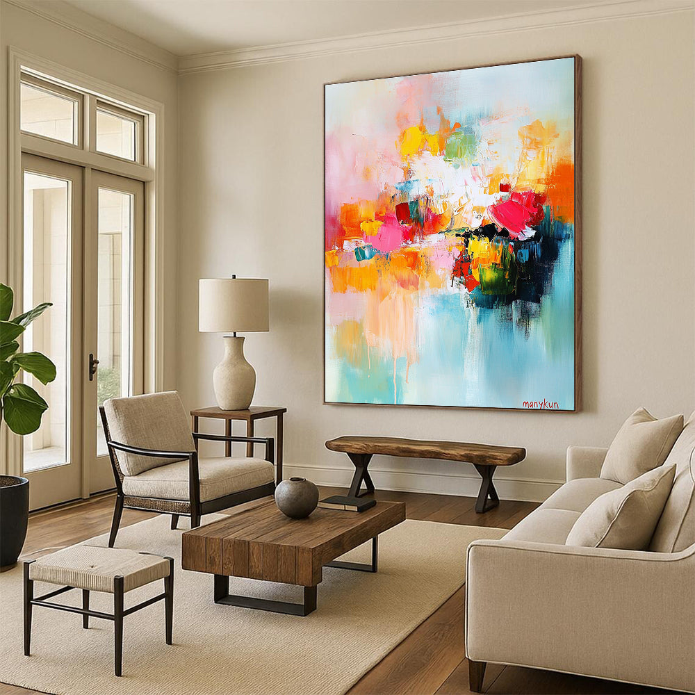 Large abstract painting in bright colors featuring harmonious shapes and soft edges with central text manykun suggesting a serene garden atmosphere.STSC414