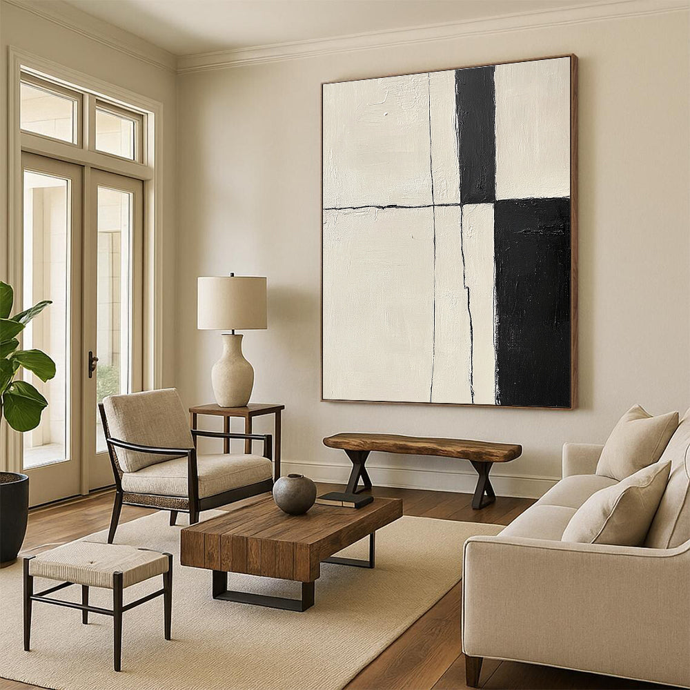 Black and White Geometric Abstract Painting with Cracked Edges GER178