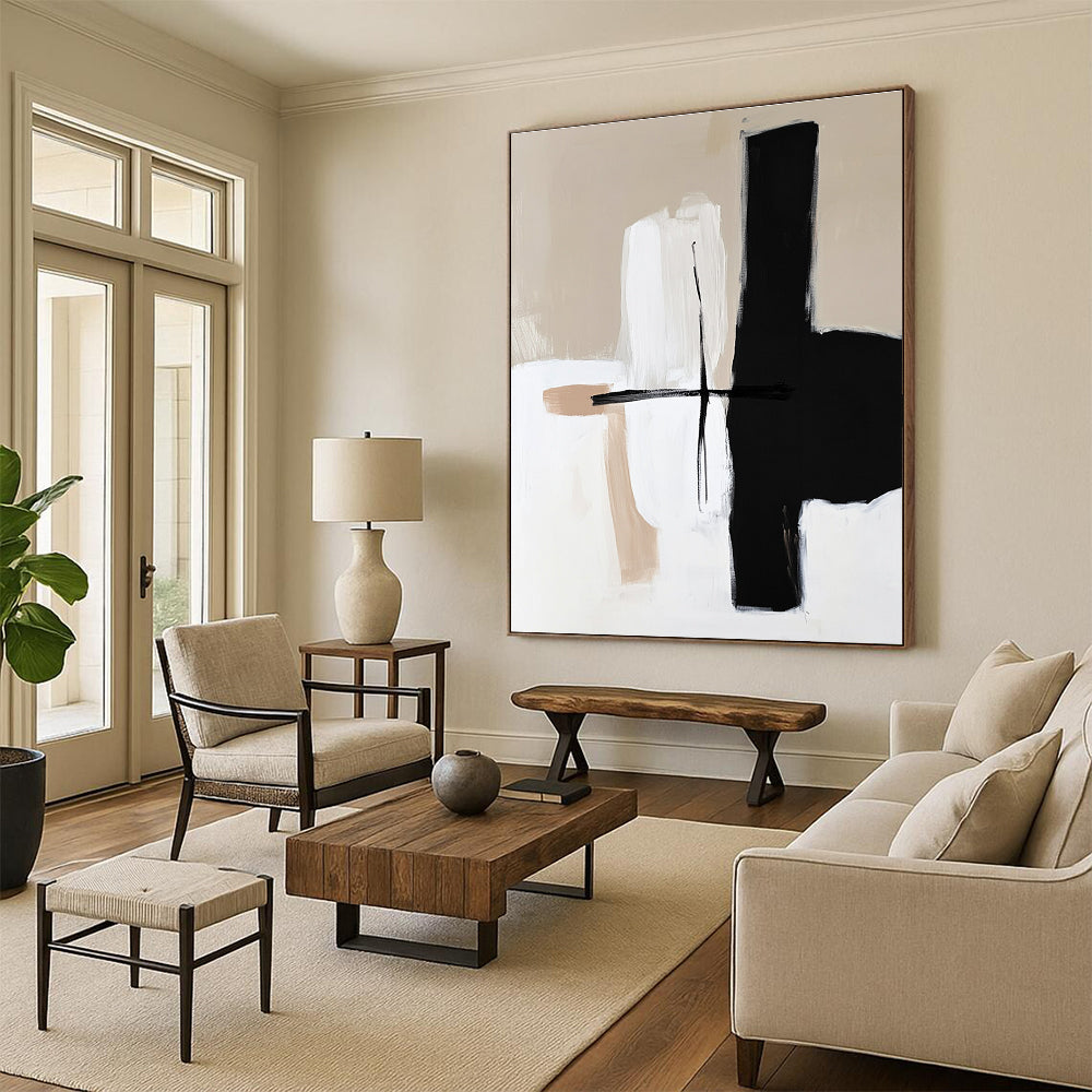 Beige Black and White Abstract Painting with Simple Compositions GER668
