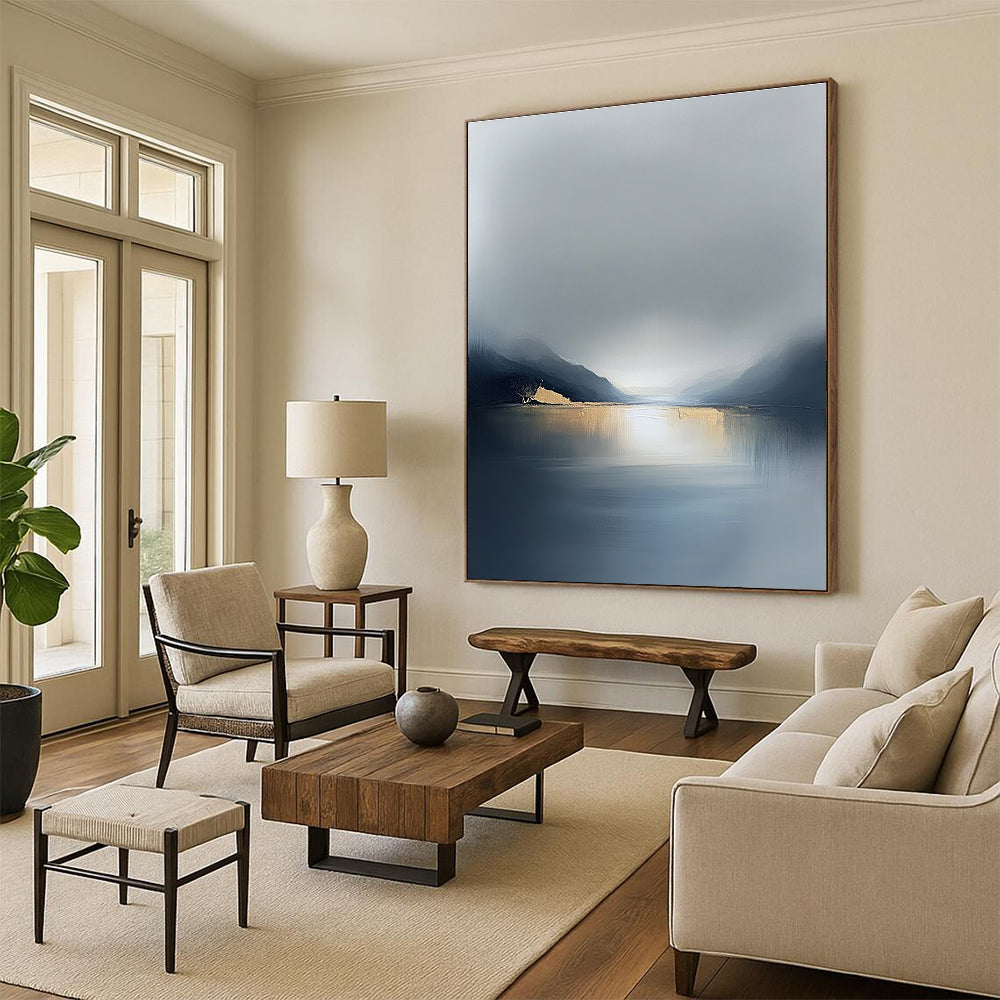 Large abstract painting in soft gray tones with gold accents evoking serene solitude and reflection on life's vast journey across a misty sea.STSC088