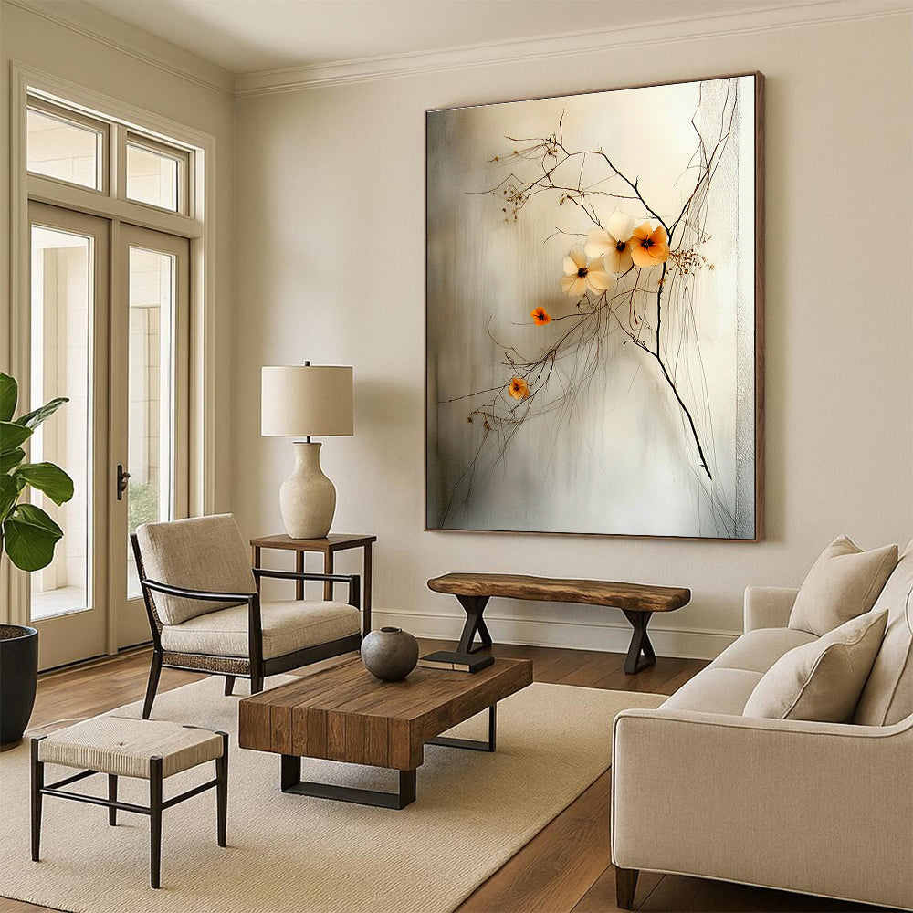 Abstract artwork featuring delicate wildflowers with a small orange bloom against a soft gray background emphasizes calmness and balance through intricate string-like details.STSC856