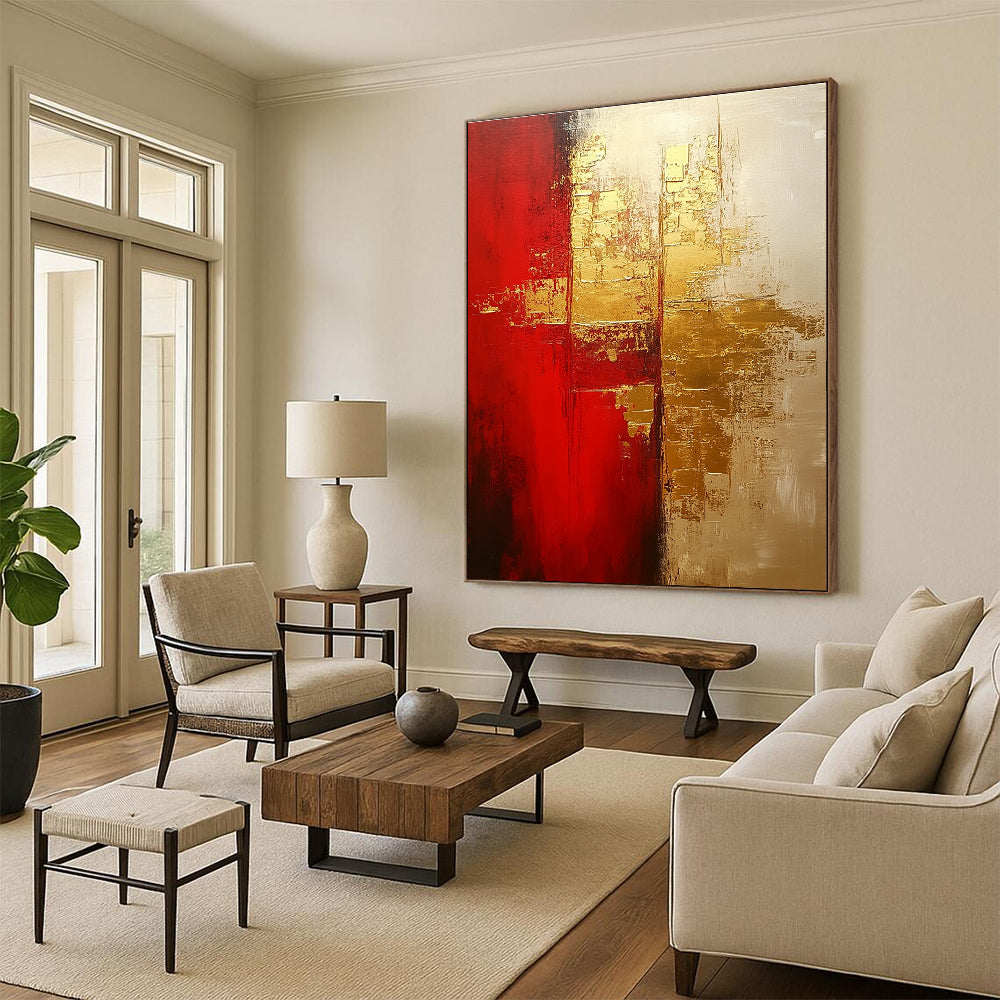 Large abstract painting in warm red and gold tones with soft brushstrokes showcasing depth and emotional warmth on a textured oil canvas.STSC824