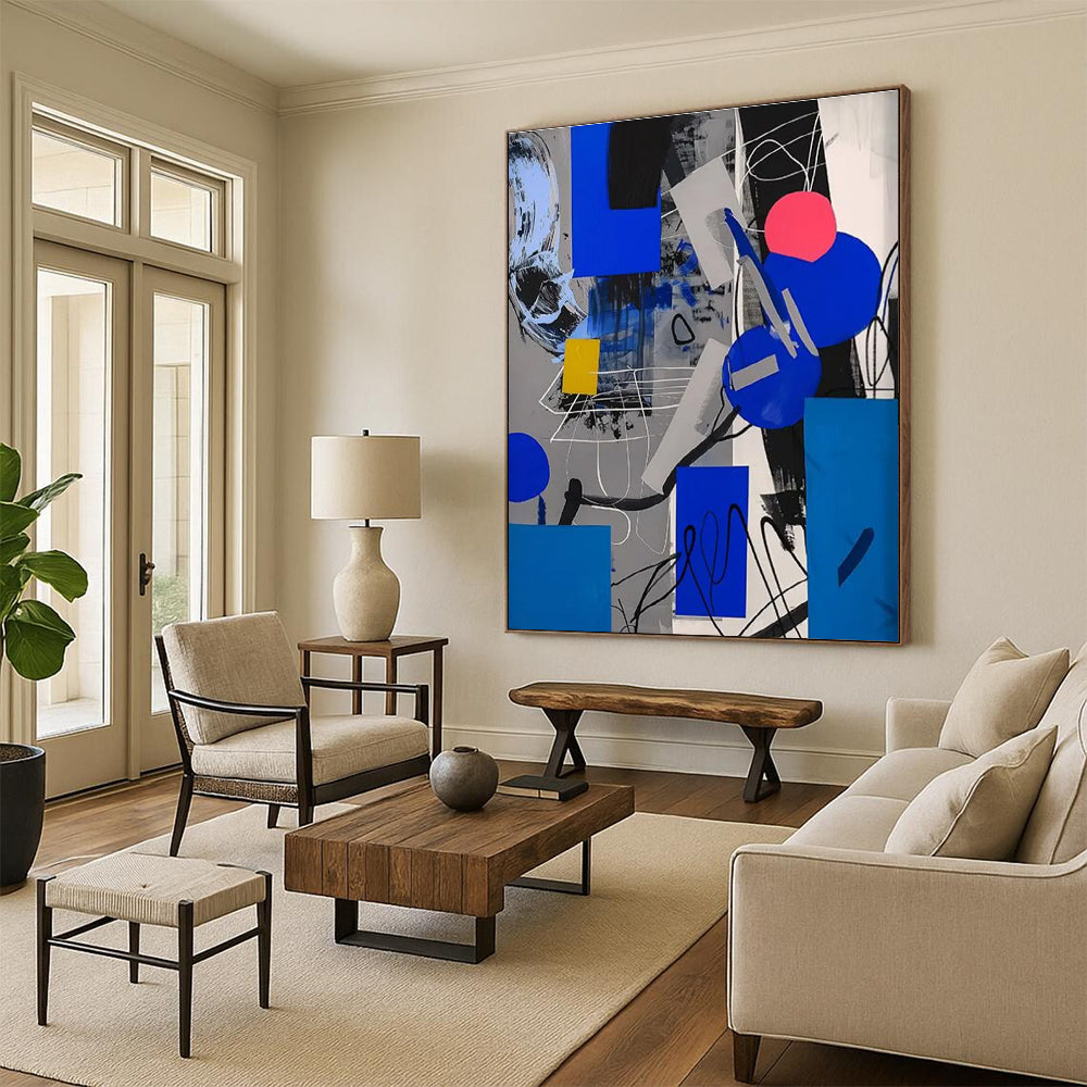 Geometric Color Fusion Abstract Painting with Blue, Gray, and Yellow ADGE110