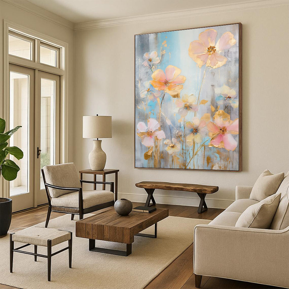 Gold - Accented Floral Abstract Painting with Soft Pastels ADGE431