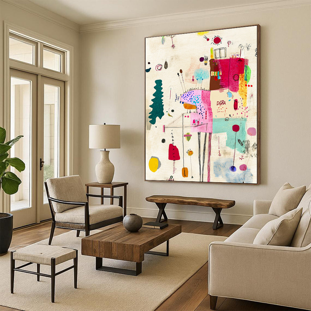 A Large Abstract Art Piece Featuring Sewing Elements Textured Paper Soft Colors Scribbled Lines and the Text DGRA.STSC934