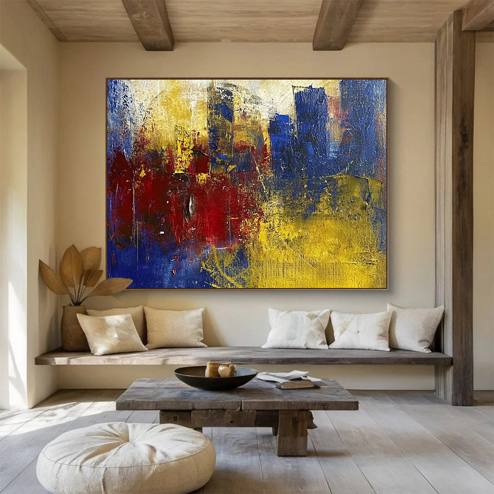Textured Cityscape Abstract Painting with Blue Red and Yellow DYP515