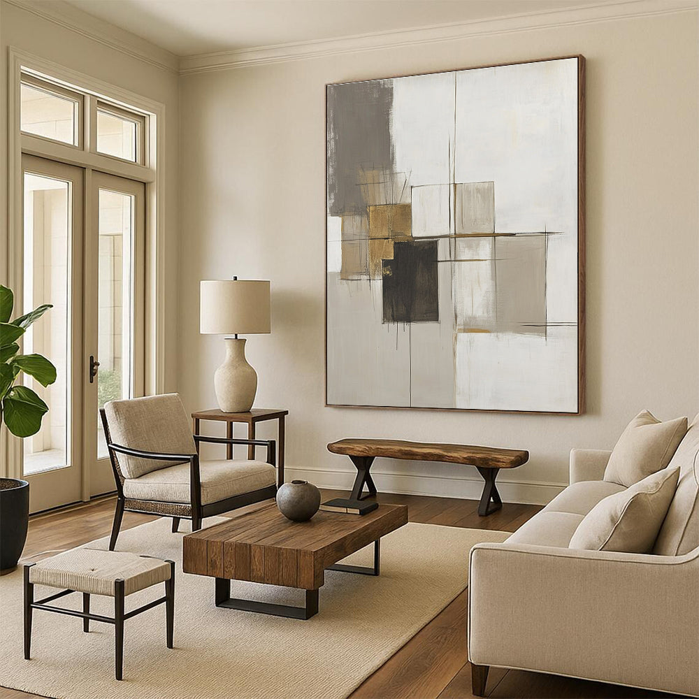 Large abstract painting featuring neutral tones, thick brush strokes, a central abstract structure, and gold accents on a minimalist canvas.STSC778