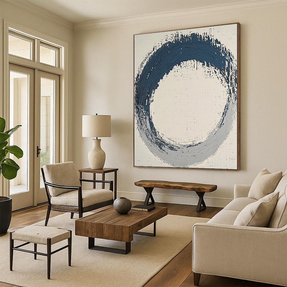 Blue and Gray Circular Abstract Painting with Textured Ring GER125