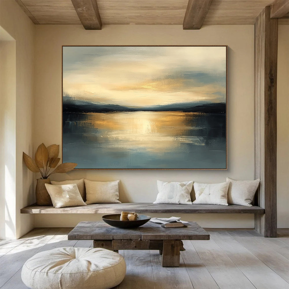 Serene Sunset Landscape Abstract Painting with Golden and Blue Hues DYP224