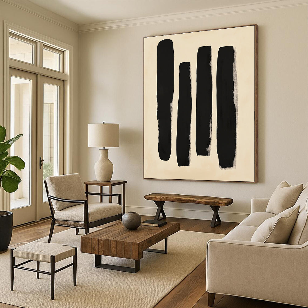 Black Vertical Strokes Abstract Painting on Beige Background GER240