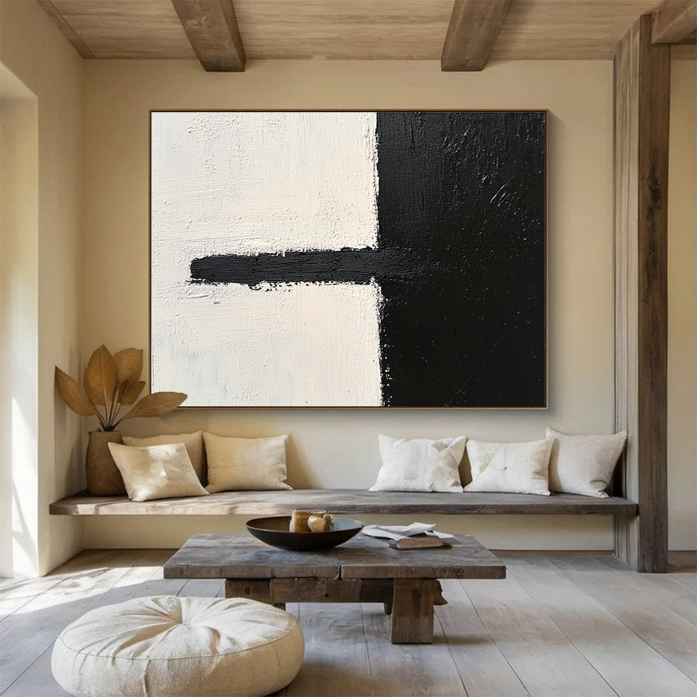 Black and White Geometric Abstract Painting with Textured Strokes DYP300