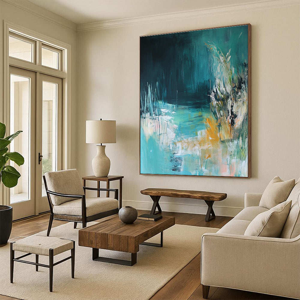 Large abstract painting of an underwater scene featuring light blue and green tones inspired by the style of Kathryn Statsny.STSC275